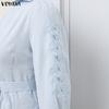 VONDA Women Casual Turn Down V Collar Long Sleeve Wrap Belt Lace Crochet Loose Blouse Shirts