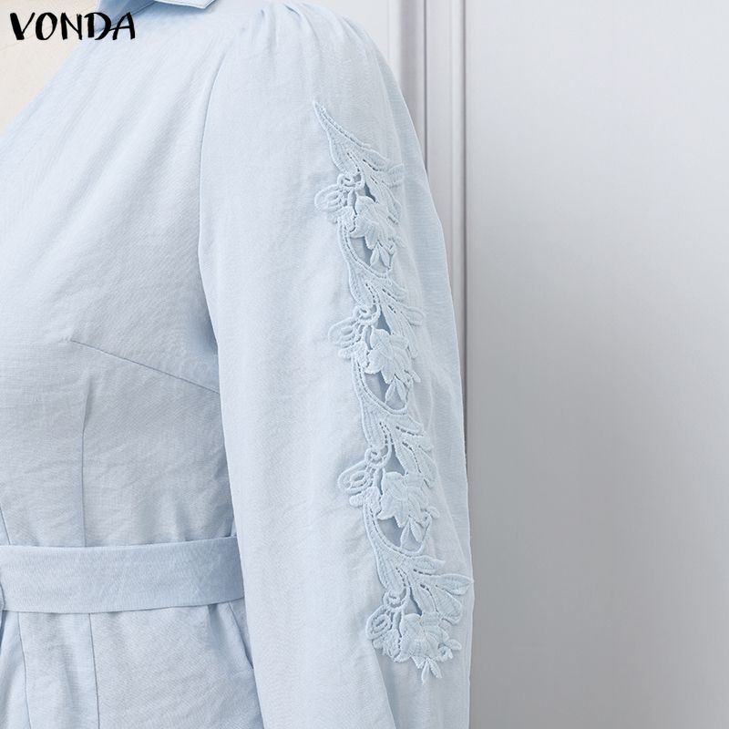 VONDA Women Casual Turn Down V Collar Long Sleeve Wrap Belt Lace Crochet Loose Blouse Shirts