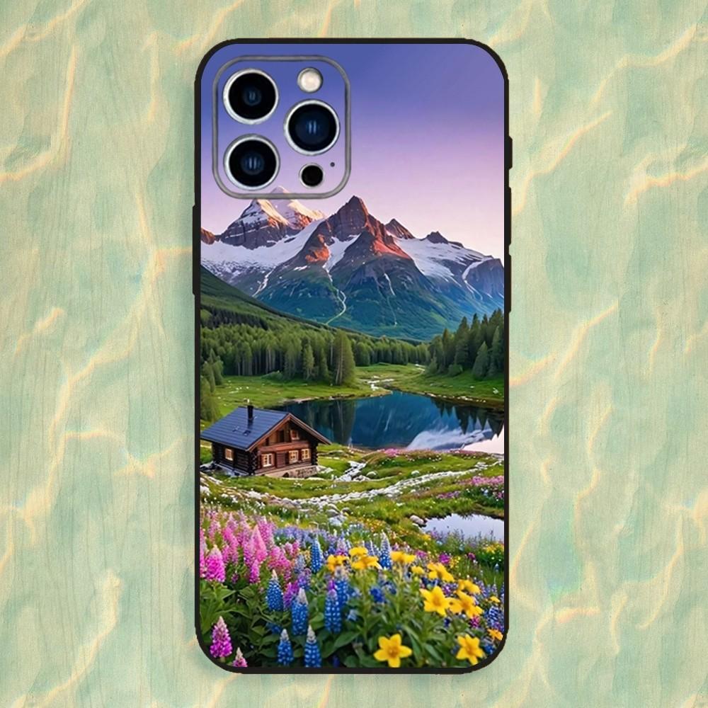 Mountains landscape Travel Phone Case For iPhone 16,15,14,13,12,11 Plus,Pro Max,XS,X,XR,SE,Mini,8,7,Soft Silicone Black Cover