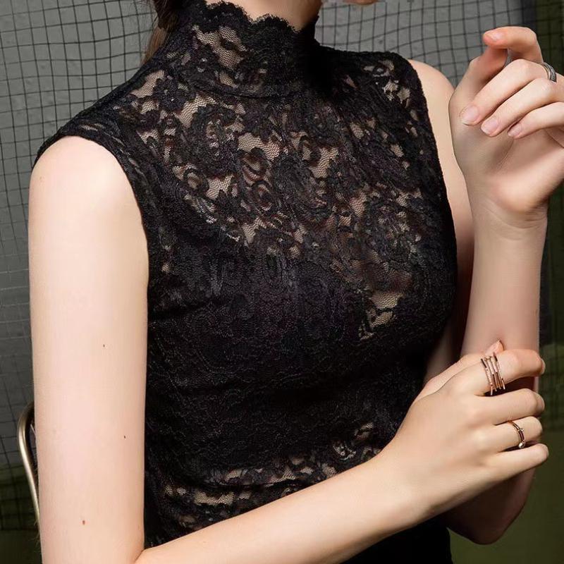 French Style High Neck Lace Shirt for Women, Spring and Summer Perspective Sexy Top, Winter Thick Sleeveless Vest Pullover
