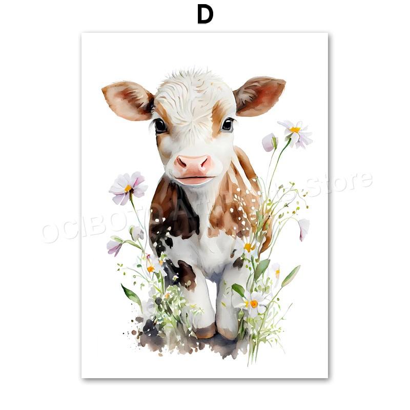 Watercolor Animals Wildflower Lion Rabbit Bear Panda Cow Flamingo Posters Of Wall Art Canvas Prints Picture Baby Kids Room Decor