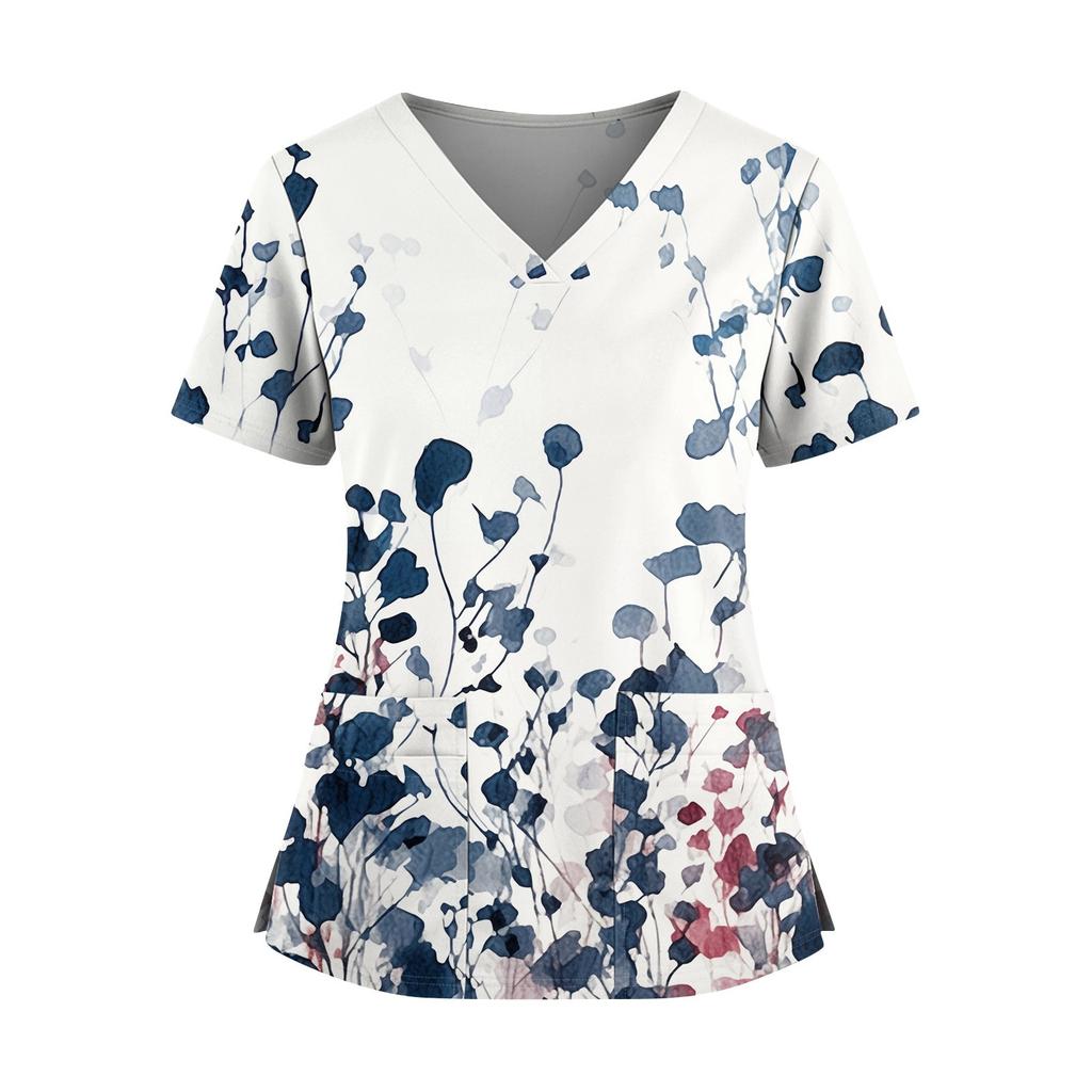 Women's Fashionable Printed V Neck Double Pocket Short Sleeved Shirt With Slit Hem Uniform And Worker Top