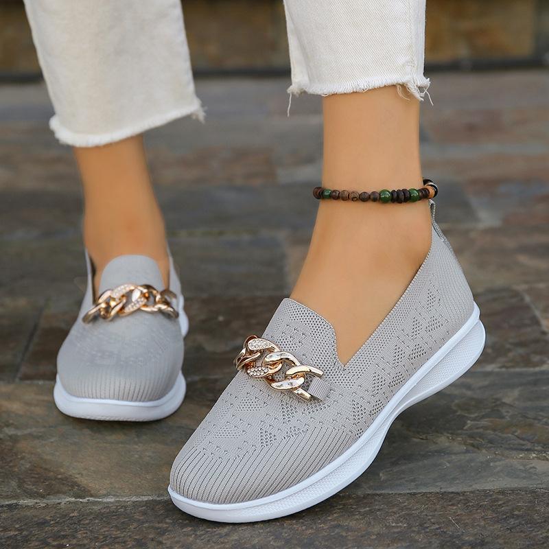 Metal Chain Decor Flats Shoes Women Plus Size 43 Mesh Breathable Shallow Loafers Woman 2024 Autumn Non-Slip Casual Shoes Ladies