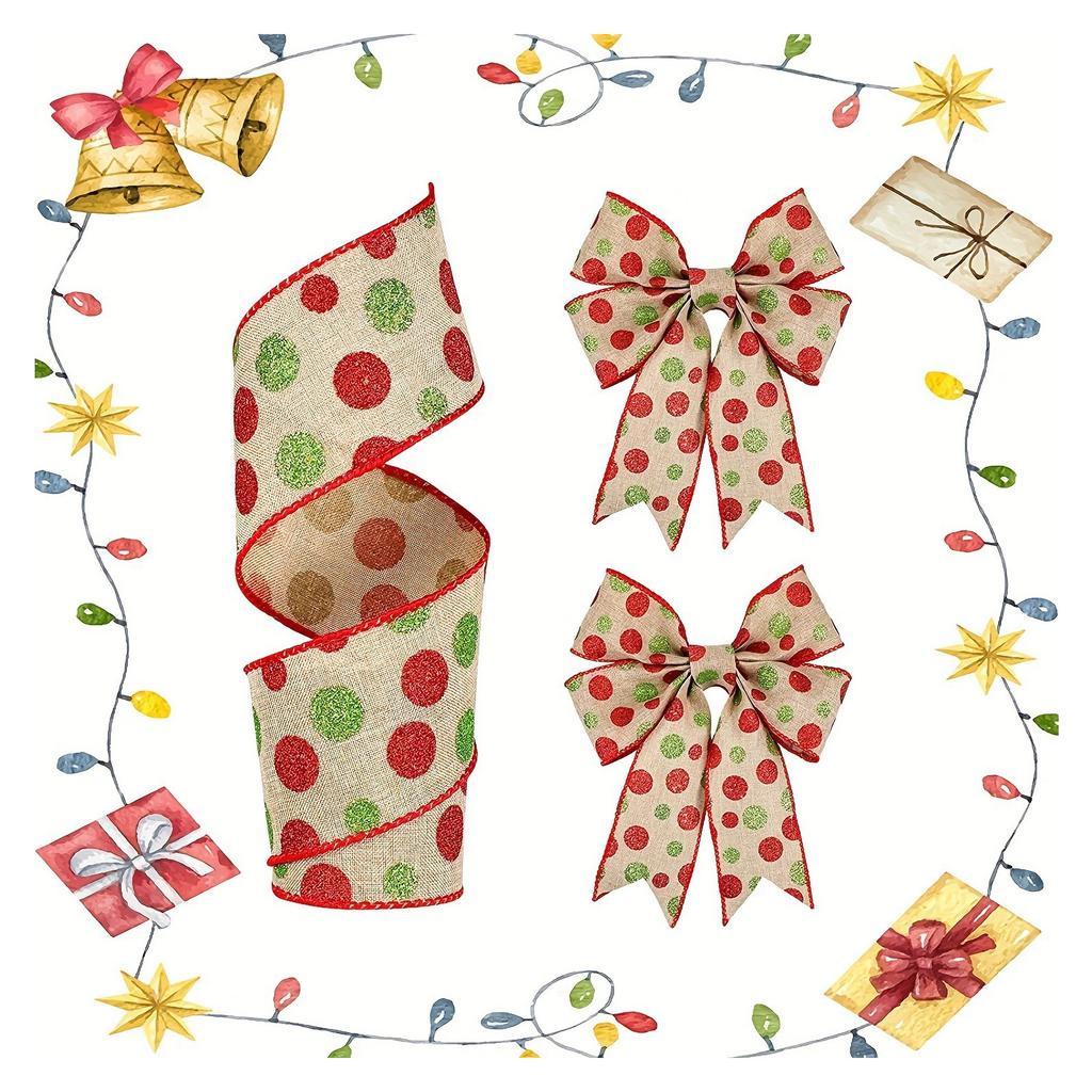 Weihnachtsglitzerband Grün Rot Gepunktetes Band Weihnachtsbaumschmuck DIY Bastelschleife Kranz 2,5 Zoll X 5 Yards