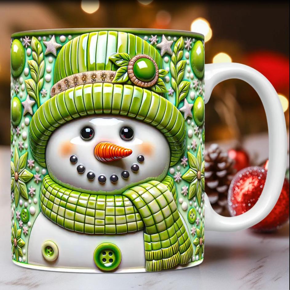 3D Snowman Christmas Ceramic Coffee Mug Hat Scarf Tea Cup