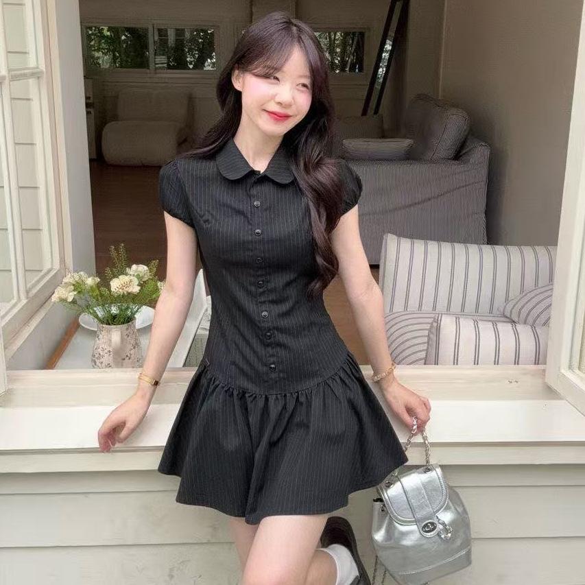 Sweet and Spicy Style Black Striped Button Bubble Sleeve POLO Neck Dress Women's Summer Temperament Waist A-shaped Skirt Short Skirt