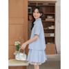 Summer College Sweet Sea Salt Blue and White Grid Temperament Lace Shirt Bust Pleated Skirt Two-piece Set