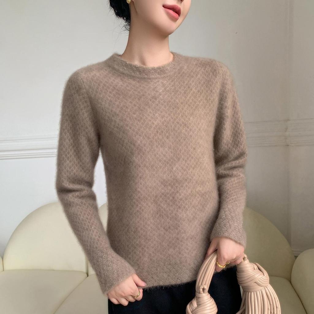 2025 Autumn/Winter Women's Thick Seven-Gauge Hollow-Out Semi-High Neck Cashmere Sweater Base Layer