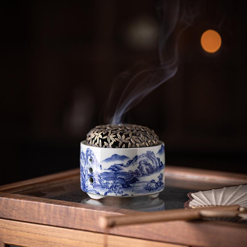 

Сине-белый фарфоровый аромадиффузор, пейзажная живопись, благовонный диффузор, бытовой, для помещений, ретро, сандаловый диффузор, подставка для благовоний