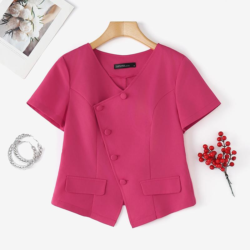 

ZANZEA Женская повседневная однотонная летняя блузка с V-образным вырезом и коротким рукавом