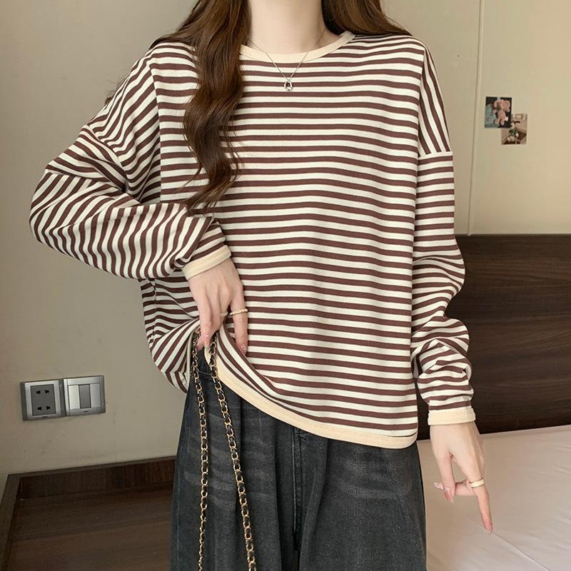 Polyester Fiber 100% 250g Striped Sweater Thin Autumn New Loose Crew Neck T Casual