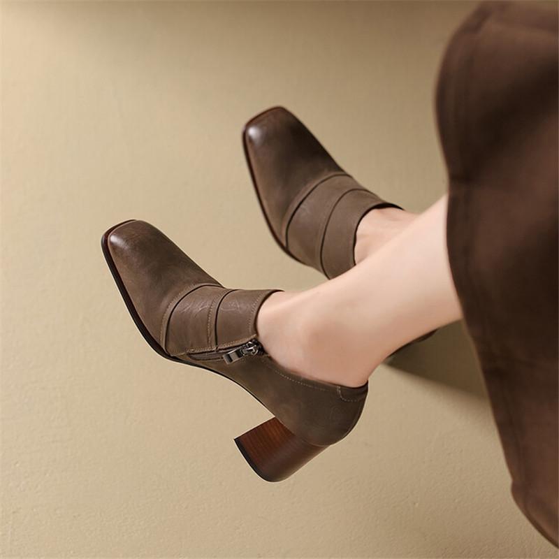 Fashion Autumn Cow Leather Women Pumps Fashion High Heels Square Toe Shoes for Women Thick Heel Side Zipper Women Loafers Zapatos Mujer