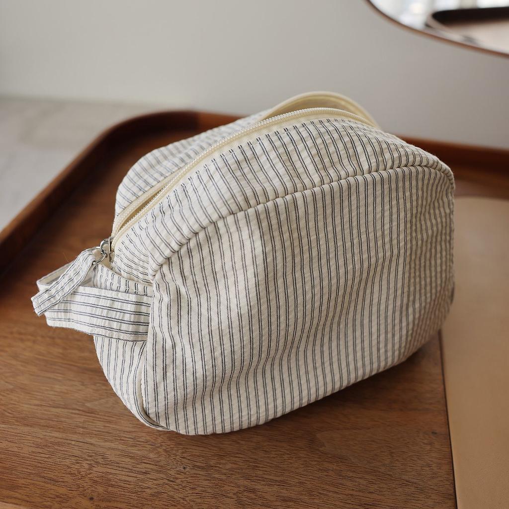 Klassische gestreifte tragbare Kosmetiktasche mit großem Fassungsvermögen aus Baumwollleinenstoff, dunkler Reißverschluss, Reise-Aufbewahrungstasche für Hautpflege