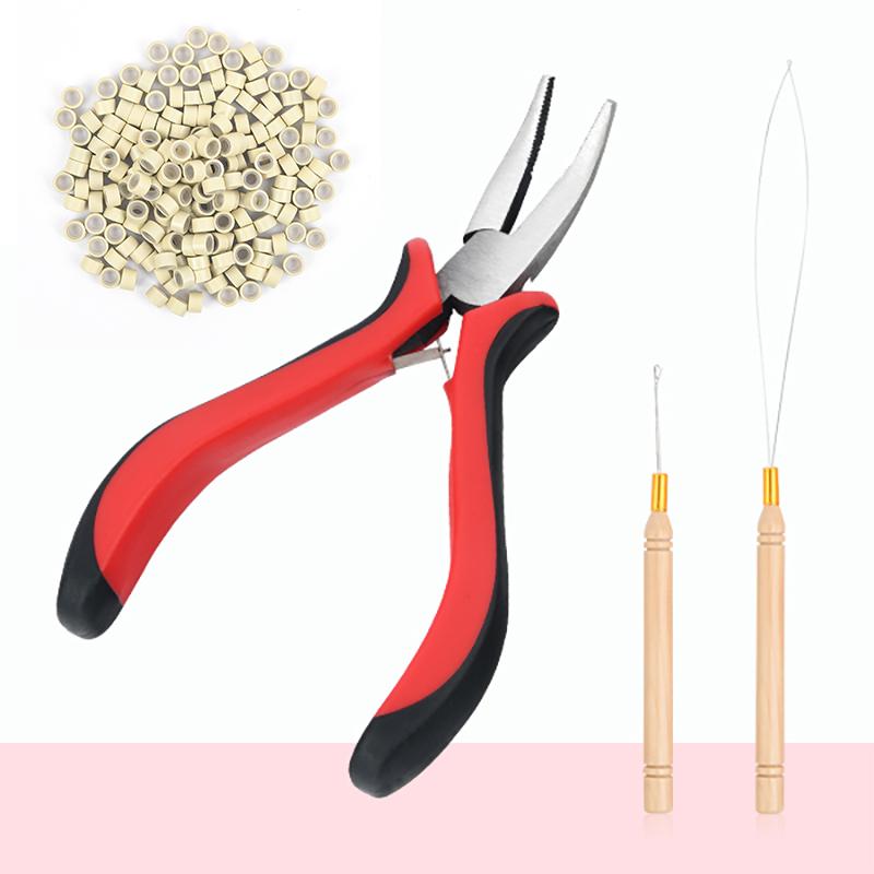 Kit de extensii de păr Cârlig de tragere și clește pentru extensie de păr și 200 buc inele de 5 mm
