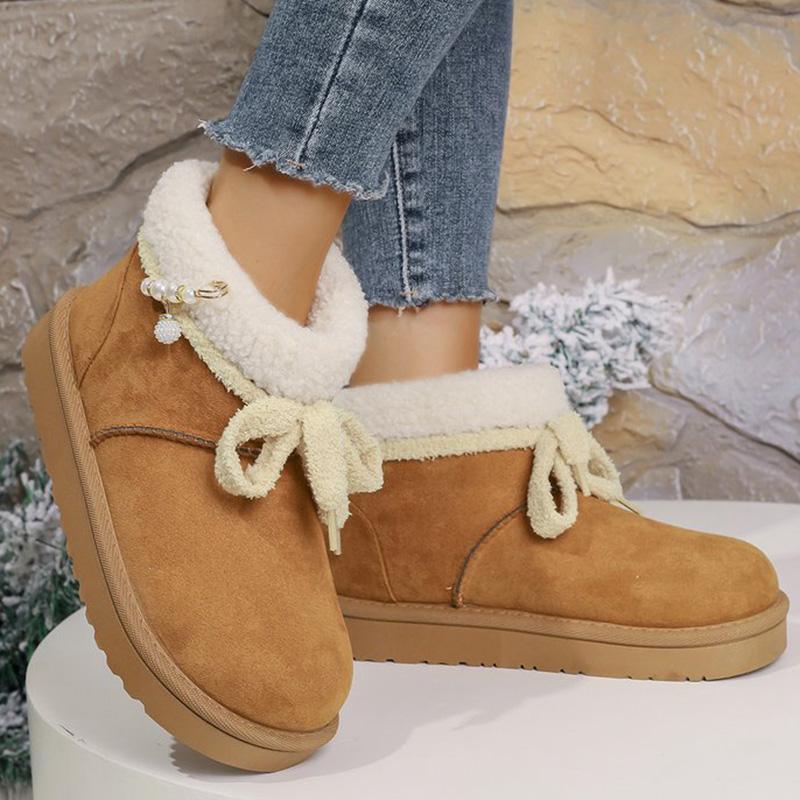 Luxury Lace Up Pearl Decoration Snow Boots Women 2025 Soft Faux Fur Ankle Boots Woman Solid Color Platform Warm Botas Mujer