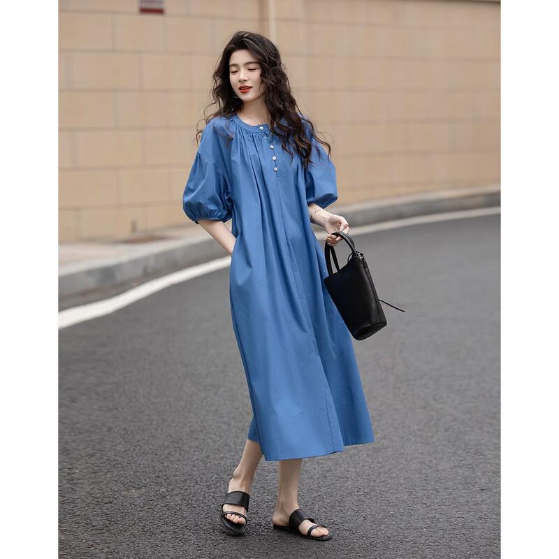 Demana Sommer Lockere Passform Reines Baumwoll-Puffärmel Mittellanges Kleid