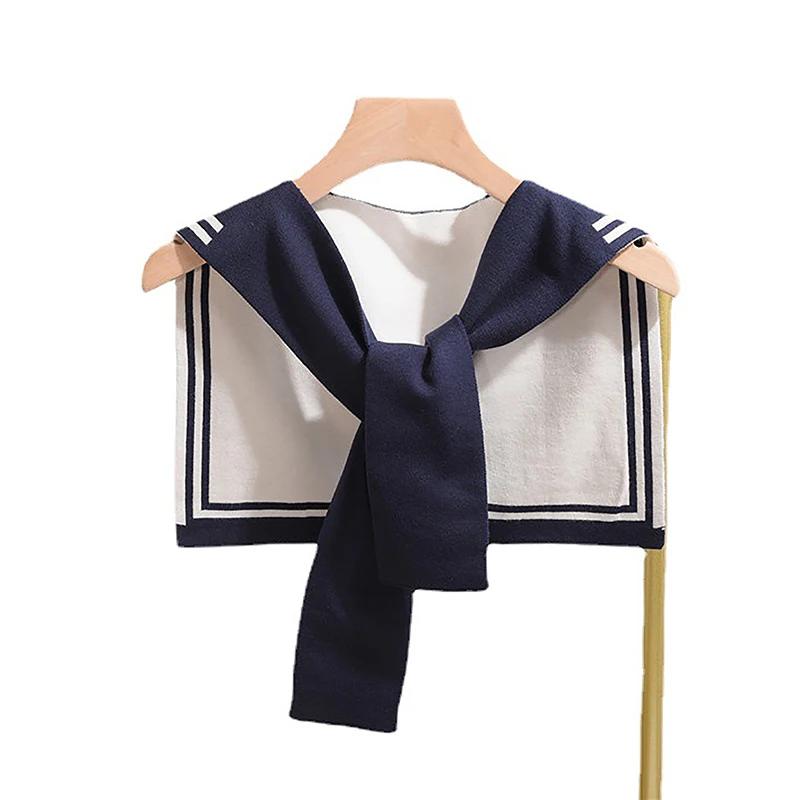 Korean College Navy Stripe Wool Knit Shoulder Cape Knotted Warm Shawl Summer Air Conditioned Room Protect Neck Woman's Scarf