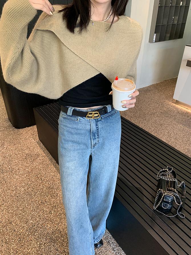 

Короткий свободный и тонкий вязаный пуловер женский абрикосовый свитер-куртка осень и зима новый топ one size fits all хаки