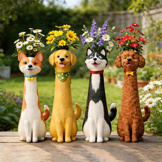 Handcrafted Quirky Dog Vase Whimsical Resin Dog-Shaped Flower Vase for Desk Bookshelf Indoor Outdoor Home Garden Decor