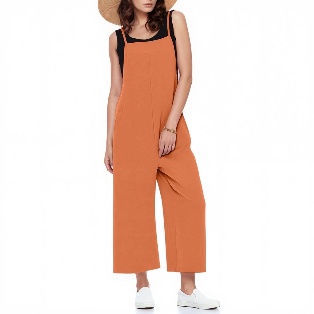 Casual Wide Leg Jumpsuits For Women Solid Color Overalls Rompers Outfits With Pockets