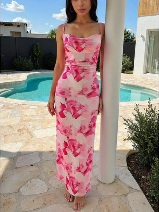 Women's Sleeveless Slim Fit Printed Lace Camisole Pleated Long Dress