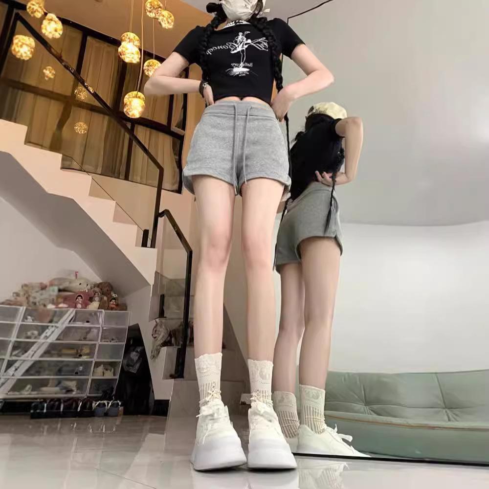 2025 Women's Summer High Waist Slimming Loose Straight-Leg Drawstring Shorts - Black Casual Versatile Sportswear