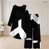 Women Plus Size Two Piece Pants Set Round Neck Long Sleeve Printed High Low Top Wide Leg Pants Black White