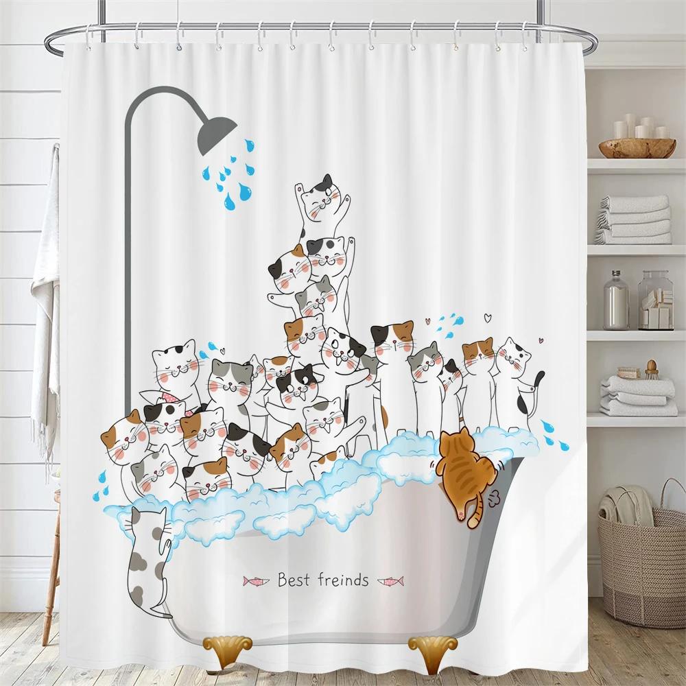 Cartoon Animal Shower Curtain Cute Cat and Dog Bath curtain with Hooks, Waterproof Shower Curtain, Shower Curtains for Bathroom