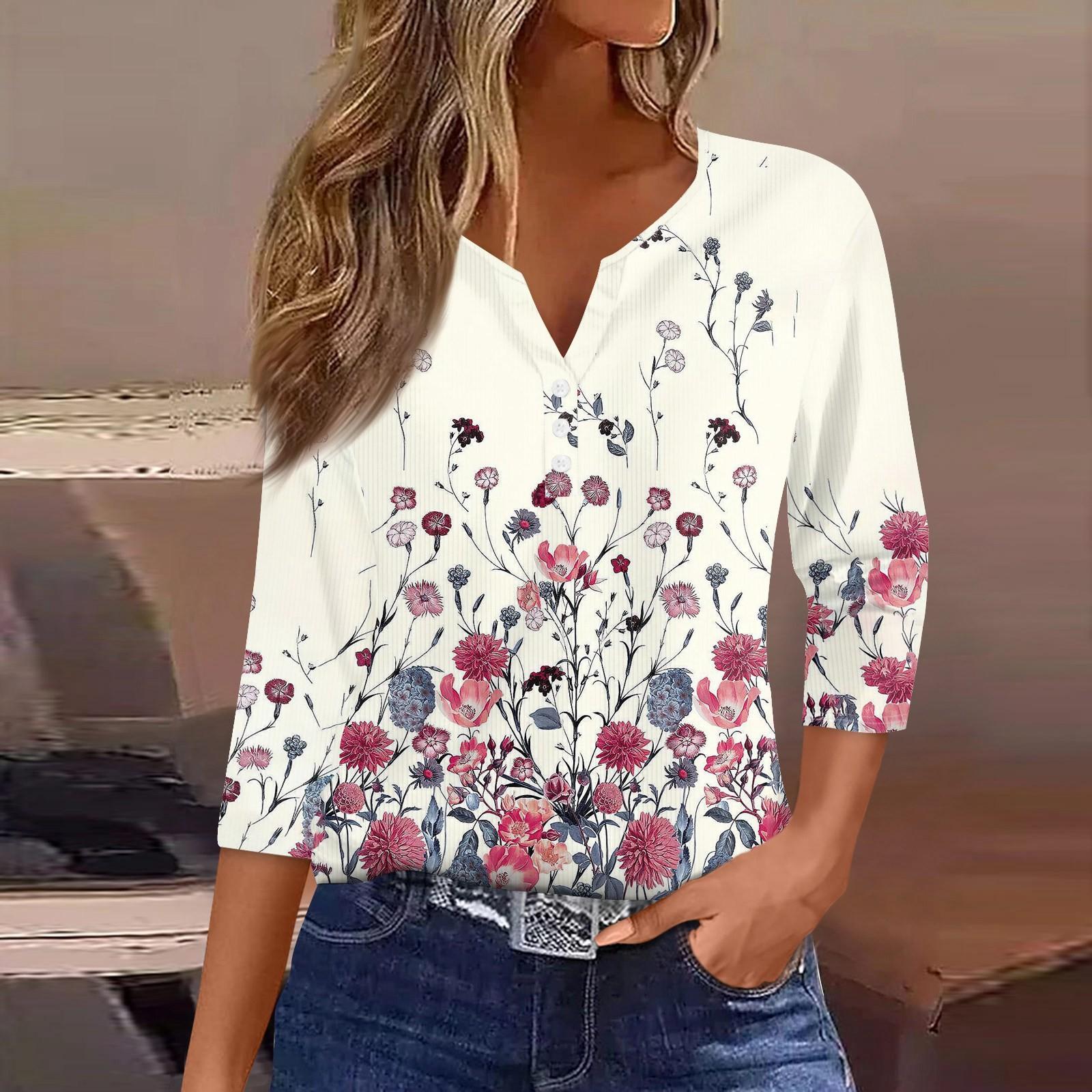 

Жіноча футболка Ті Принт Гудзик Рукав 3/4 Туніка Повсякденний Вікенд Мода Базовий V-подібний виріз Звичайний Топ S рожевий