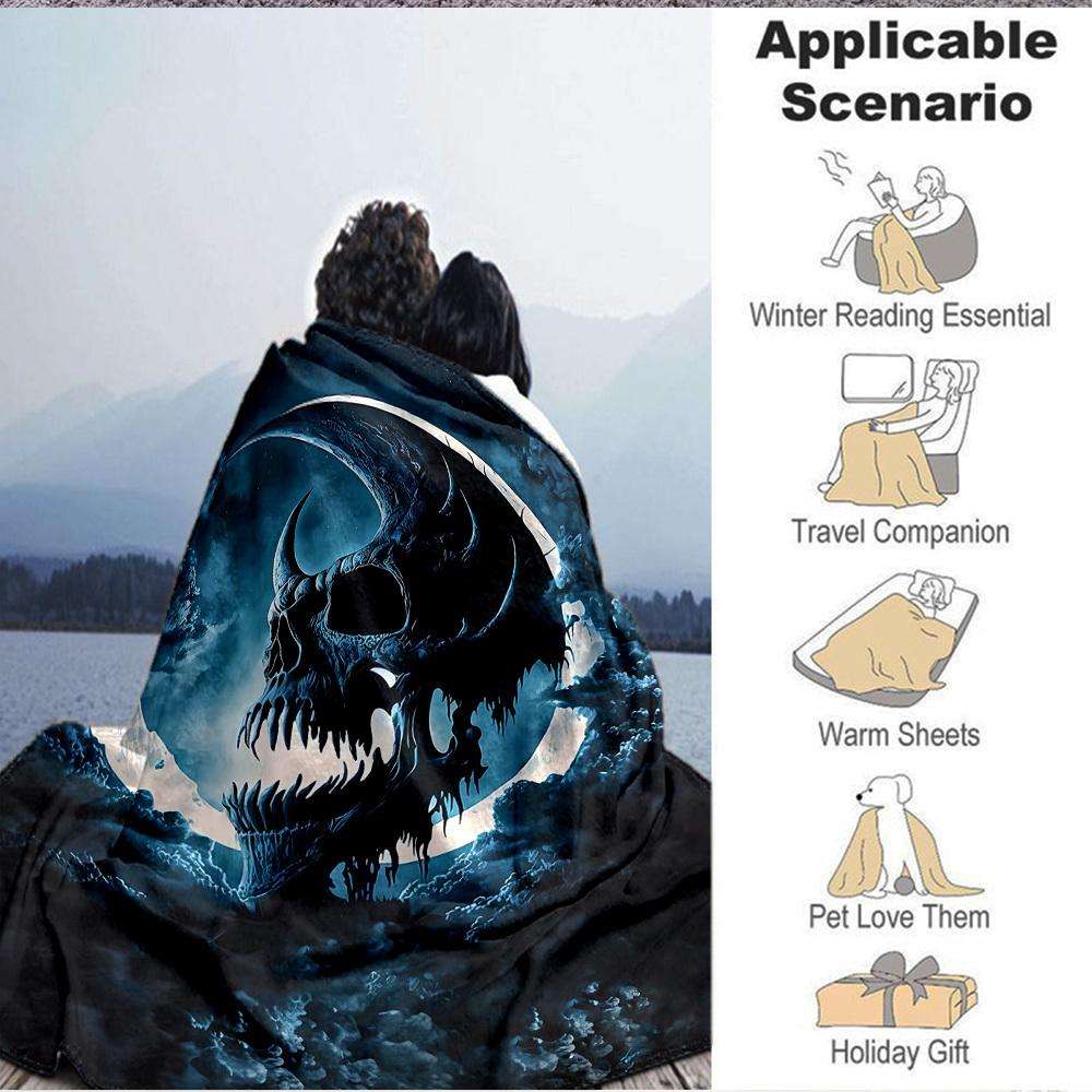 1pc Moon Skull Blanket, Lightweight Flannel Throw Blanket for Sofa, Bed, Travel, Camping, Living Room, Office, Couch070