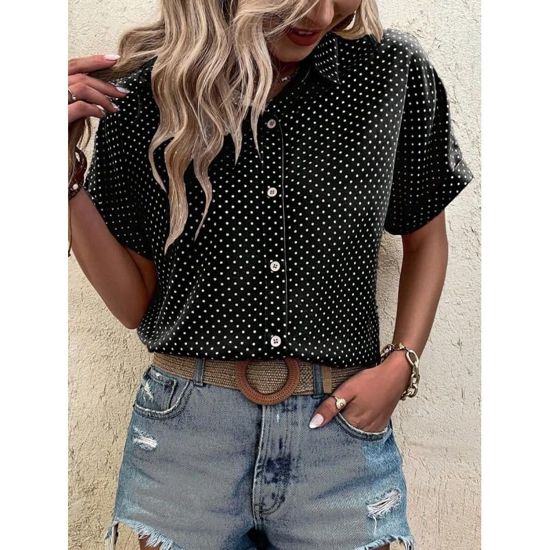 Womens Loose Fit Short Sleeve Printed Shirt Casual Vacation Style Collared Open Front Top