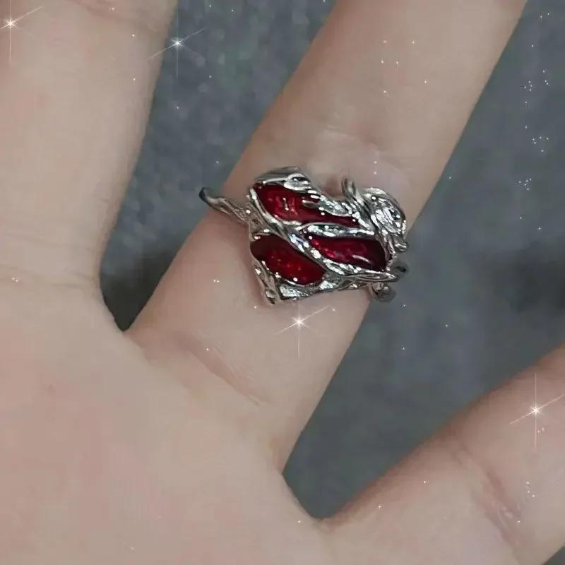 

Goth Punk Retro Red Crystal Love Heart Cross Geometry Irregular Open Ring Set Halloween Accessories for Women Jewelry