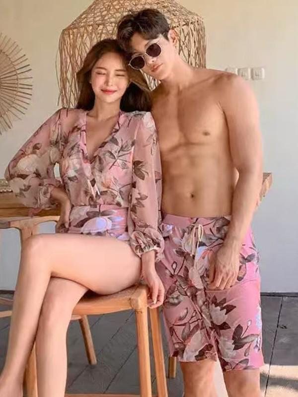 Cross-Border Conservative Couples' One-Piece Swimsuit: Slimming, Tummy-Covering Beachwear with Long Sleeves for Men & Women.