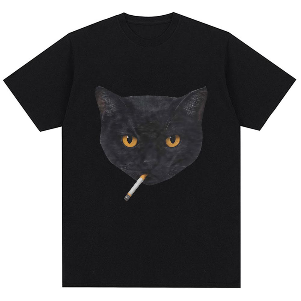 Funny Smoking Black Cat Meme Graphic T Shirt Unisex Women Fashion Vintage Short Sleeve Oversized Cotton Casual Tshirts Streetwear