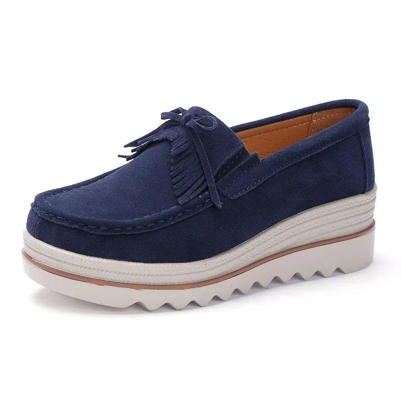 Women Cow Suede Casual Shoe Wedge Platform Height Increasing Single Shoes Tassel Muffin Shake Loafers Mother Walking Shoes 35-42