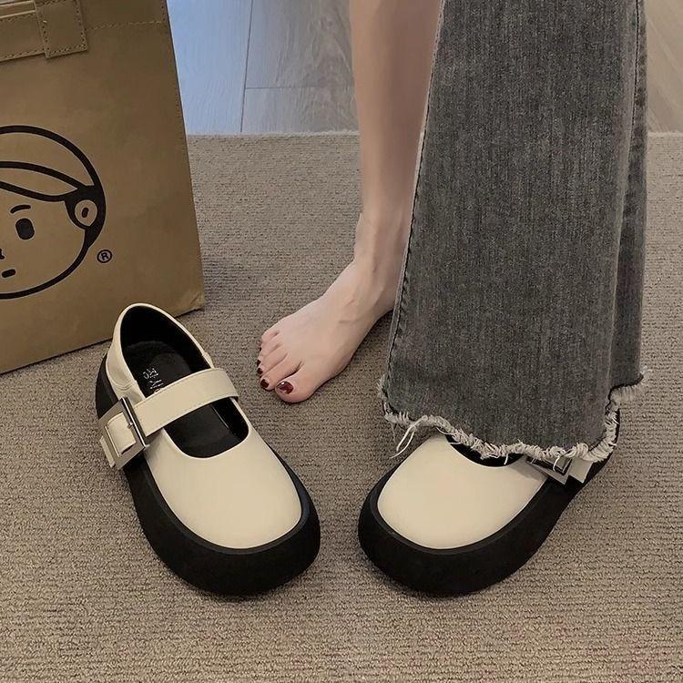 Simple Big Head and Small Leather Shoes In the Autumn and Winter of 2025, New Shallow Mouth One Word Mary Jane Thick-soled Muffin Boat Shoes, Single 