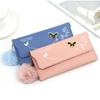 Womens Wallet Cute Elegant Long Slim Card Holder Case Minimalist Coin Purse Zipper Wallet With Fur Ball Bow Decor