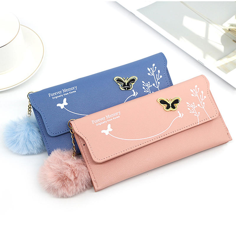 Womens Wallet Cute Elegant Long Slim Card Holder Case Minimalist Coin Purse Zipper Wallet With Fur Ball Bow Decor