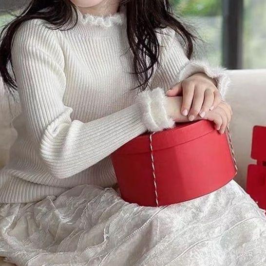 Girls Semi Turtleneck Fleece Lined Knit Sweater Ruffle Trim Thick Warm Pullover Top