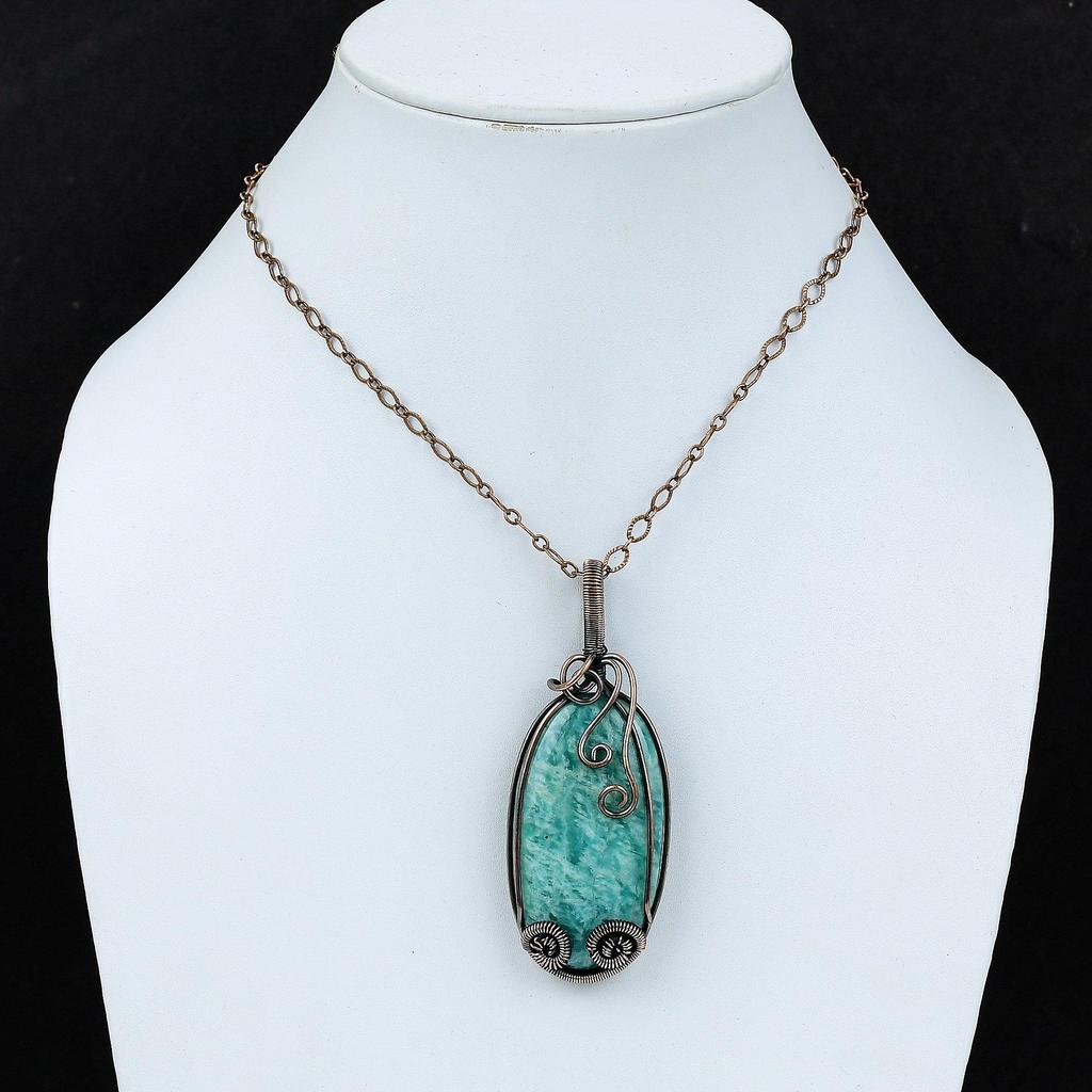 Amazonite Gemstone Pure Copper Wire Wrapped Handmade Jewelry Pendant For Gift