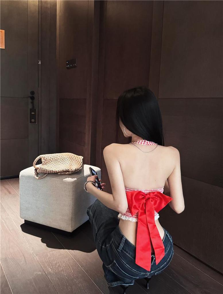 Pure & Sexy Red Plaid Lace Halter Top - Women's Summer Tank