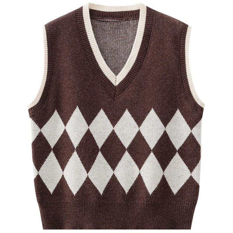 

Женский элегантный жилет без рукавов для офиса, топы, осенний новый вязаный свитер с узором «Аргайл», женский свободный винтажный повседневный трикотажный жилет, зимние свитера 25050 One Size коричневый