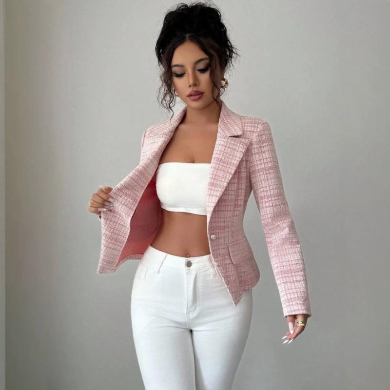 2026 Fall Womens Pink Plaid Single-Breasted Blazer Slim Fit Vintage Lady Style Commute Top