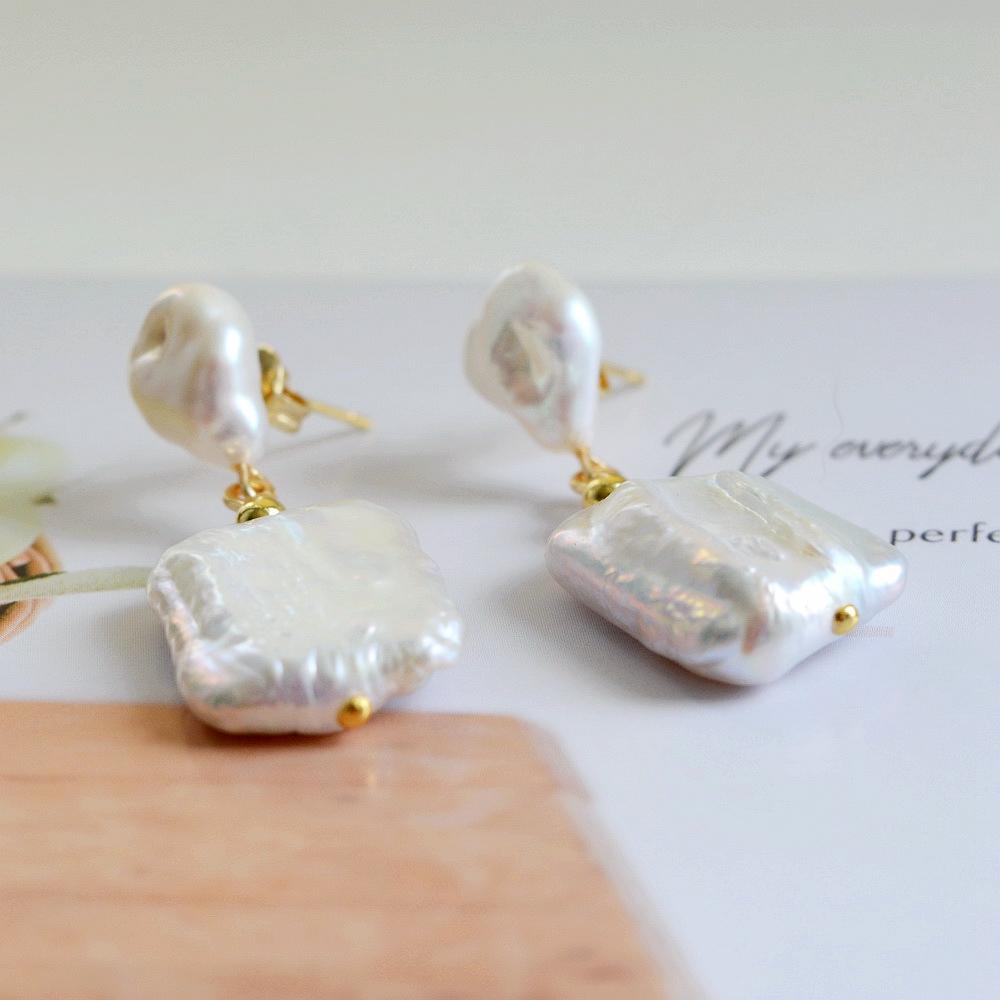 Pearl Earrings White Natural Freshwater Pearl Gold Silver Earrings Baroque Square Drop Earrings Bohemian Ladies Earrings