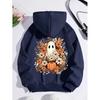 Ladies Spring Autumn Casual Hooded Long Sleeve Big Pocket Halloween Ghost Pumpkin Flower Printed Pullover Hoodies Sweatshirt Top