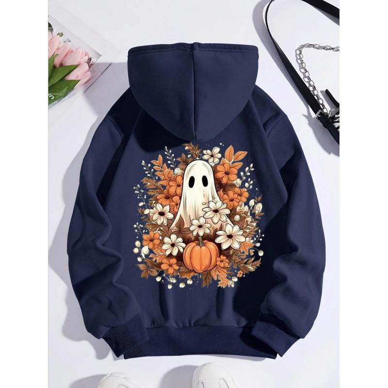 Ladies Spring Autumn Casual Hooded Long Sleeve Big Pocket Halloween Ghost Pumpkin Flower Printed Pullover Hoodies Sweatshirt Top