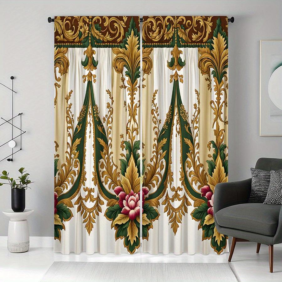 

2PCS Multicolor Baroque Floral Scroll Pattern Curtains Rod Pocket Design For Bedroom And Living Room 24x59in(60x150CM)x2&Rod Pocket&2 panels