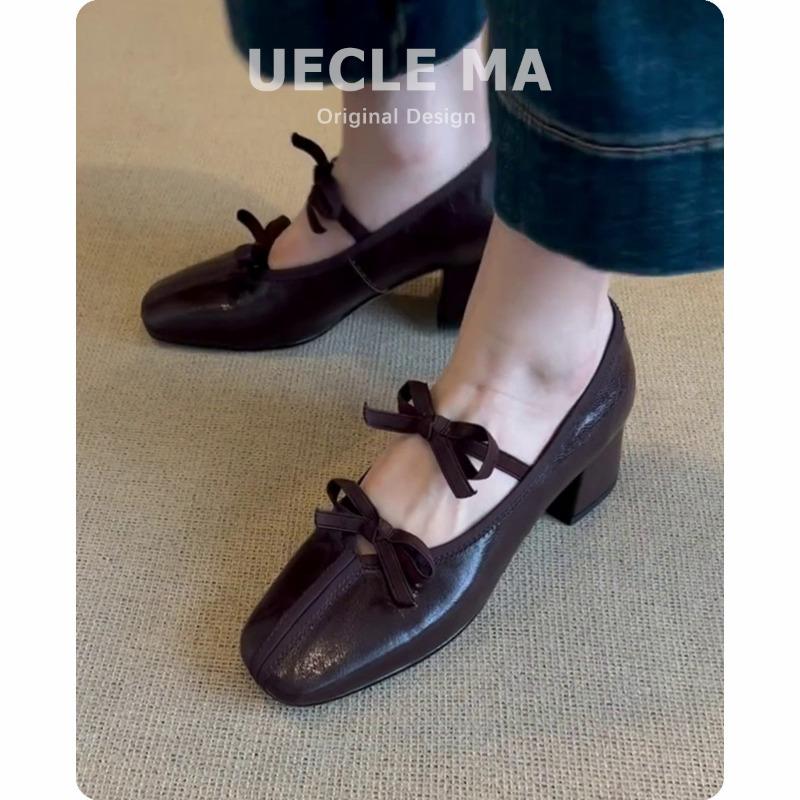 Sheepskin~ Genuine leather single shoes women's thick heels are not tired of high heels, ballet shoes retro bow Mary Jane shoes