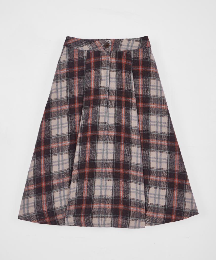 Belloel Check Pleated Midi Long Skirt Beige