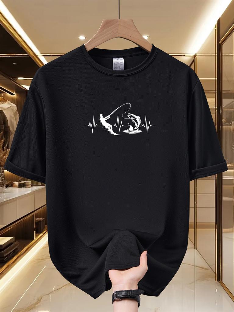 Fishing Lover Heartbeat TShirt FisherUnisex and Bass Silhouette Print Casual Loose Fit Short Sleeve Tee